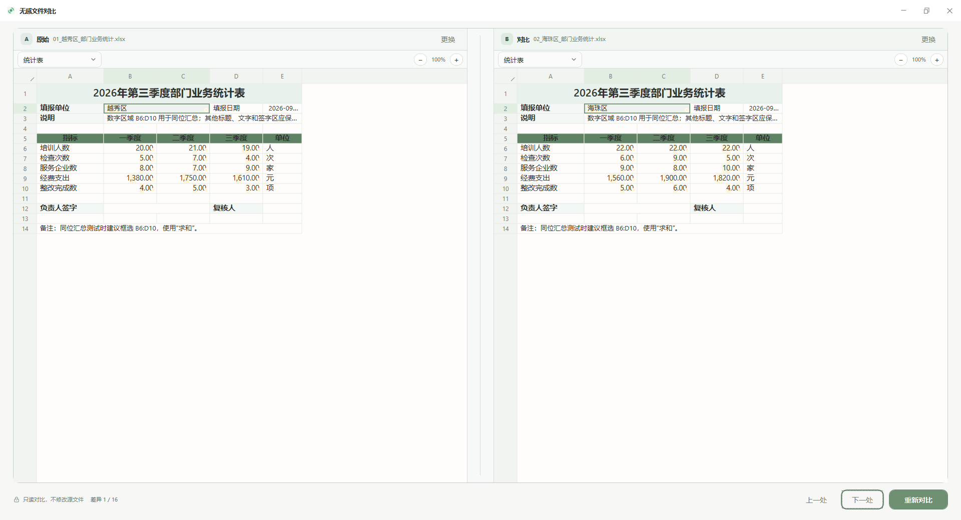 两个 Excel 文件左右对比并逐处查看差异